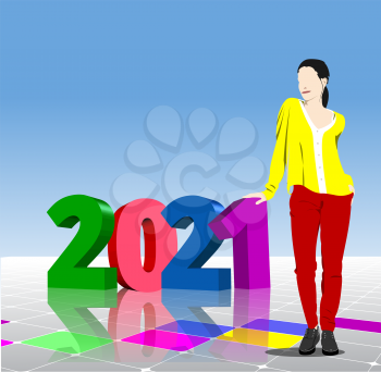 Vector 3d illustration of  2021 year with young woman