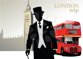 London trip poster with double Decker bus and gentleman image . Vector 3d
illustration