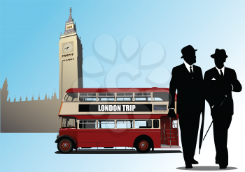 London trip poster with double Decker bus and gentlemen image . Vector 3d
illustration
