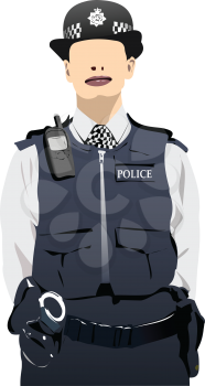 London Policewoman with walkie-talkie radio. Vector 3d illustration