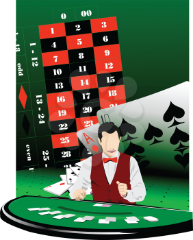 The Croupier At The Blackjack Table on casino background. 3d vector illustration