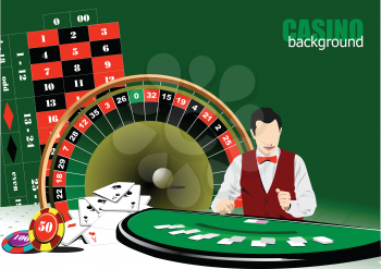 Roulette table and casino elements with Croupier image. Vector 3d illustration