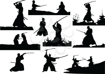 Samurai with the sword. Vector B&W illustration