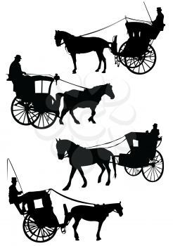 B&W silhouette of Old London horse cab with driver. Vector