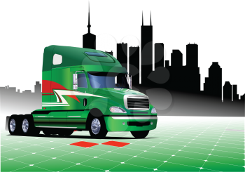 Green truck on the road. Vector 3d illustration