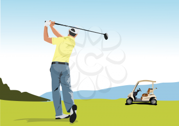 Golf club background with golfer and electric car. Vector 3d illustration