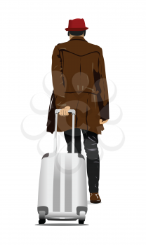 Man with suitcase going to train. Vector3d  illustration