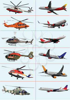 Collection of few kinds of aircraft on the air. Vector 3d illustration