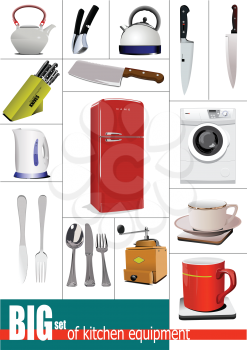 Big set of kitchen equipment. Vector 3d illustration