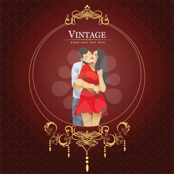 Invitation vintage card with kissin couple. Wedding or Valentine`s Day. Vector 3d illustration