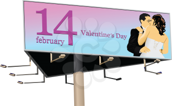 Big billboard publicity over blue sky with Valentine`s Day image. Vector 3d illustration