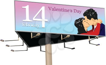 Big billboard publicity over blue sky with kissing couple. Vector 3d illustration
