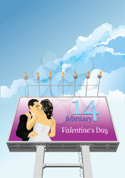 Big billboard publicity over blue sky with Valentine`s Day image. Vector 3d illustration