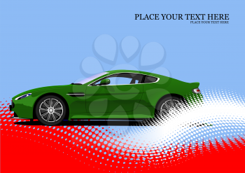 Green sedan car on dotted background. Vector Colored 3d illustration