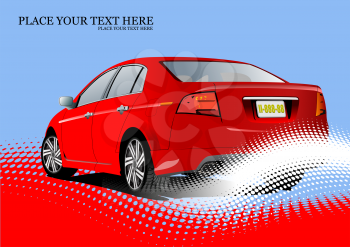 Red  sedan car on dotted background. Vector Colored 3d illustration