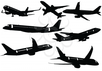 Collection of few kinds of aircraft silhouettes on the air. Vector  illustration