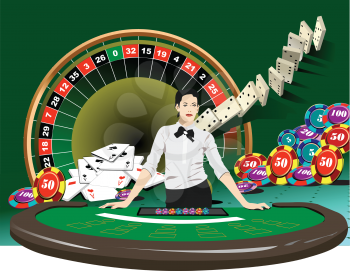 Black jack  table and casino elements with woman croupier image. 3d vector illustration