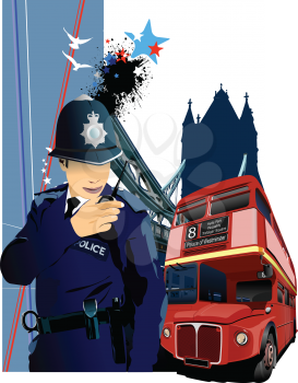 Cover for brochure with London policeman images. Vector 3d illustration
