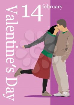 Valentine`s Day poster with Kissing Couple image. Vector Color 3d illustration