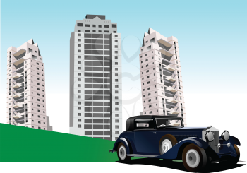 Rarity car on modern city background. Vector 3d illustration