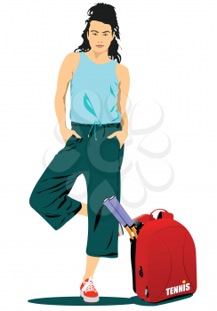 Eoman Tennis player with back sack. Colored Vector 3d illustration for designers