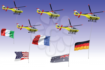 Set of Helicopter with flag. Vector 3d illustration