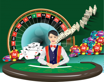 Casino elements with woman croupier image. 3d vector illustration