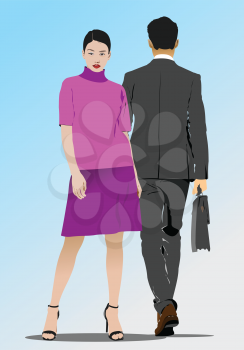 A couple of young people walking on the road. 3d vector illustration