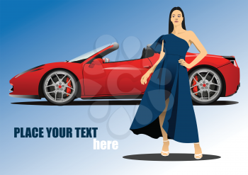 Red cabriolet on the road with woman image. Vector 3d illustration
