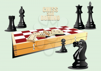 Chess pieces and chessboard with domino. 3d vector color illustration