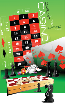 Casino elements with chess and domino images. 3d vector illustration