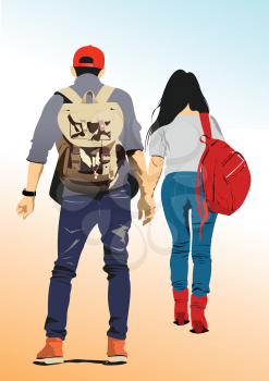 Young walking couple with packsack. Vector 3d illustration
