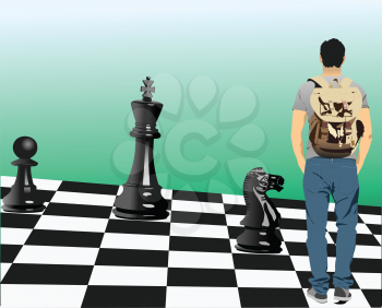 Young man on Chessboard. 3d vector abstract illustration