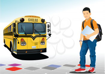  “Back to school” with schoolboy and school bus image. Vector 3d illustration