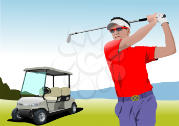 Electrical golf car on golf field background and golfer. Vector 3d illustration
