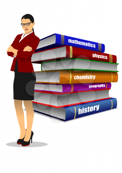 Strict teacher and Stack of books. 3d vector color illustration