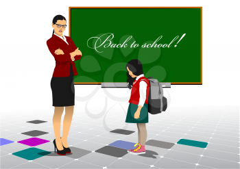 Strict teacher and school girl. 3d vector color illustration