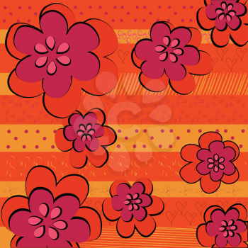 Royalty Free Clipart Image of a Busy Floral Design With a Striped Background