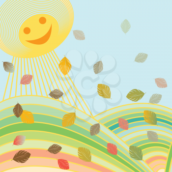 Royalty Free Clipart Image of Autumn Leaves Falling and the Happy Sun Shining