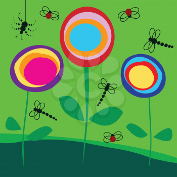 Royalty Free Clipart Image of Lollipop Flowers With Bugs