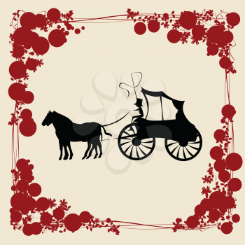 Royalty Free Clipart Image of a Carriage and Horse In a Fruit and Flower Frame
