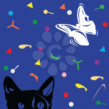 Royalty Free Clipart Image of a Cat and a Butterfly