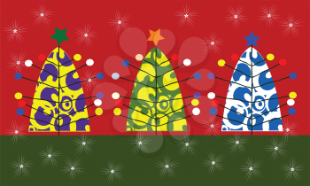 Royalty Free Clipart Image of a Christmas Card With Three Coloured Trees