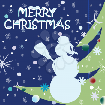 Royalty Free Clipart Image of a Christmas Card With a Snowman on an Evergreen Tree