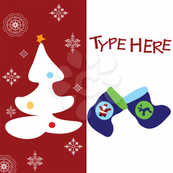 Royalty Free Clipart Image of a Christmas Card With a Tree on a Red Background at the Left and Stockings on the Right