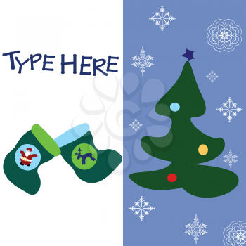 Royalty Free Clipart Image of a Christmas Card With a Tree and Stockings