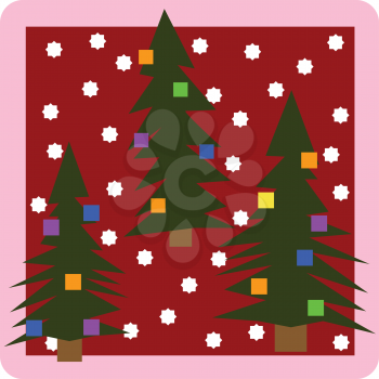 Royalty Free Clipart Image of Three Christmas Trees on a Red Background With Snowflakes and a Pink Border