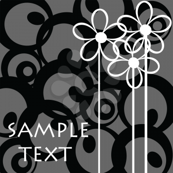 Royalty Free Clipart Image of a Black, White and Trey Swirly Card With White Flowers