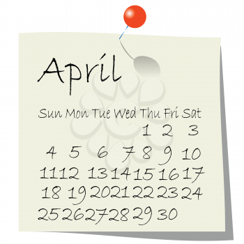 Calendar for April 2010, handwriting on paper with holding pin
