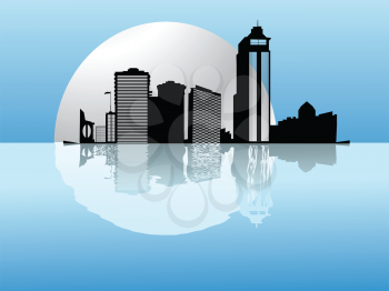 Royalty Free Clipart Image of a Full Moon Behind City Towers By the Ocean